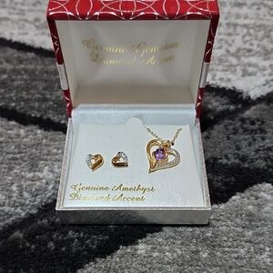 VINTAGE GENUINE AMETHYST DIAMOND ACCENT HEART PENDANT NECKLACE & STUD EARRINGS